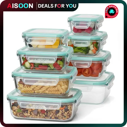 [AISOON Free Gift] 8-Pack Borosilicate Glass Food Storage Containers (8 + 1 Utensil) - Stackable, Airtight BPA-Free Kitchenware, Square Snack Box, Healthy Eating Cereal Containers, Oven-Microwave-Freezer-Dishwasher Safe