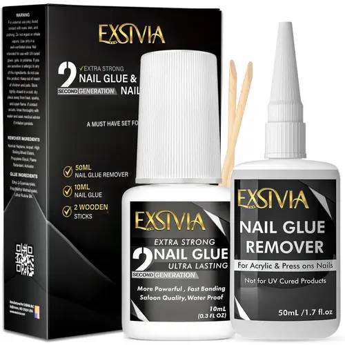 EXSIVIA Nail Glue & Remover Kit, 10mL Brush-On Strong Hold Nail Glue + 50mL Acetone-Free Remover