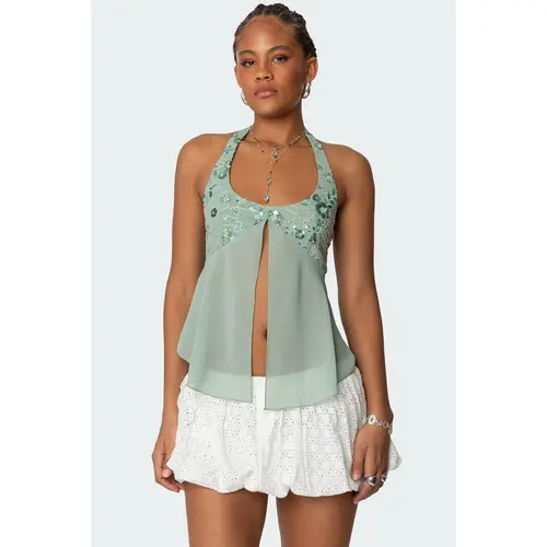 Sequin Chiffon Split Front Top