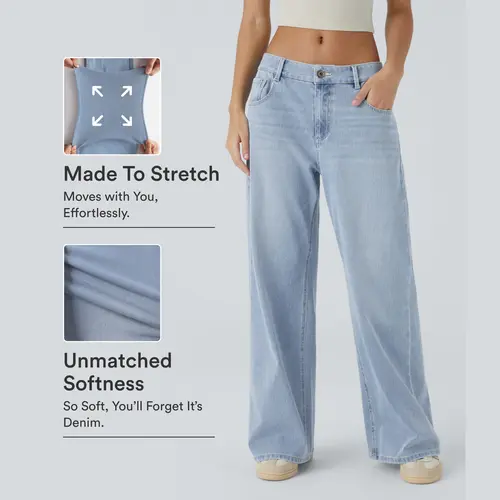 Halara Flex™ Low Rise Zipper Pockets Washed Baggy Wide Leg Casual Jeans