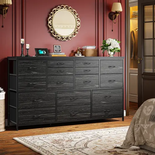 Raybee Modern Storage Cabinet - 51.1" W x 11.8" D x 34.8" H Dresser for Bedroom with 16 Drawers, Built-in Drawers TV Stands & Multimedia Centres for 60" TV, Charging Station Equipped Sideboard