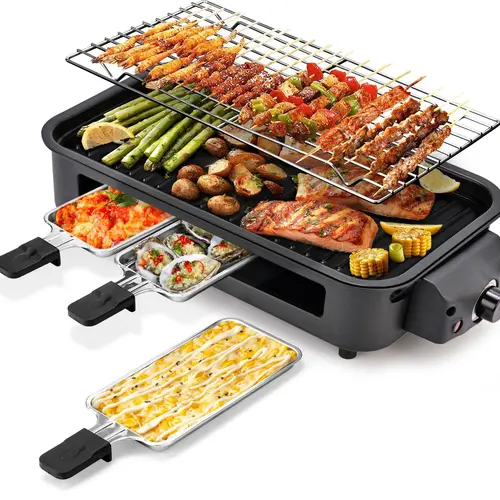 Pukomc 1500W Smokeless Electric Tabletop Griddle Grill - Portable Barbecue, Non-Stick Removable Split-Clean Plate, 3 Pans for Raclette, Roast/Fry in Same, Dishwasher Safe Household Kitchen Appliance for Couples’ Meals, Parties