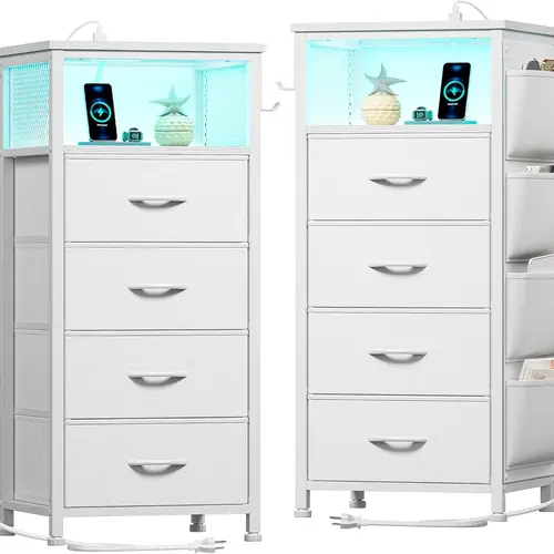 LED Nightstand with Charging Station Set of 2, Dresser for Bedroom with 4 Fabric Drawers, Storage Shelf Sturdy Metel Frame, Wood Top,Cloth Bags Hooks