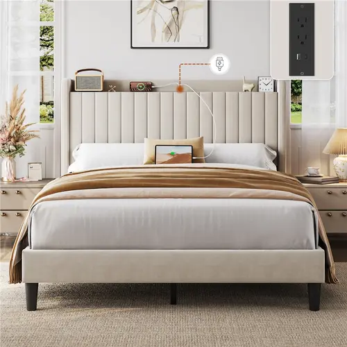 【With Charging】Yaheetech Velvet Upholstered Bed Frame with Headboard, Charging Ports, Storage Shelf, 800 lb Weight Capacity, No Box Spring Needed, Platform Apartment Furniture for Twin/Full/Queen/King Size Bed,dorm essentials