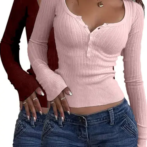 Women's Solid Button Front Scoop Neck Sweater, Casual Long Sleeve Knit Top Knitwear for Spring & Fall, Women's Clothes for Daily Wear