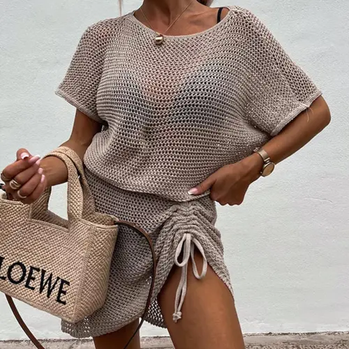 Women's Solid Color Hollow Out Knit Sweater Dresses, Casual Fashion Round Neck Adjustable Drawstring Dresses, Ladies Summer Clothes Beach Casual Wear for Daily Wear, Everyday, Fit Lightweight, Womenswear