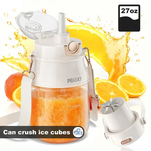 Prasky Portable Blender Juicer, 27oz Type-C Rechargeable Automatic Powerful Juicer Machine, Mini Personal Blender for Fresh Juice Smoothies & Protein Shakes, Mixing Function, Extra Lid, Shoulder Strap, Dishwasher-Safe Parts, Ideal for Gym/Travel