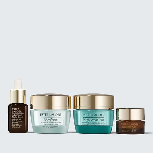 [Estée Lauder] All Day Hydration Skincare Starter Set | Repair + Protect + Glow | 24H Moisture with SPF 15 | Advanced Night Repair Serum & Eye Gel-Creme | 4-Piece Set
