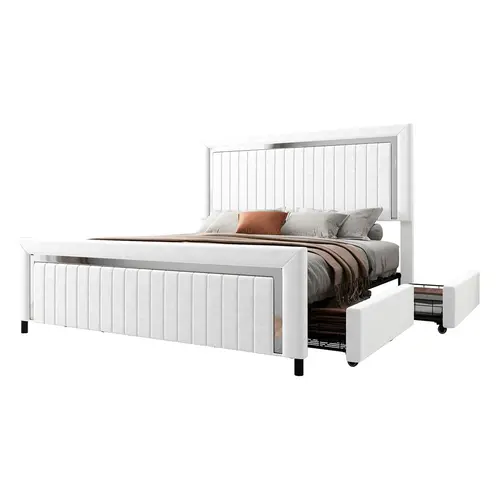 [SummerSale]VanAcc Upholstered Platform LED Bed Frame with 4 Storage Drawer, Adjustable Headboard with Vertical Channel, No Box Spring Needed/Christmas Gift