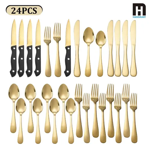 24-Piece Gold Stainless Steel Flatware Set, Dishwasher Safe Cutlery Set, 4 Steak Knives Included, Elegant Dinner Utensils, Gold-Tone Dinner Sets for Home Kitchen, Daily use, Restaurant, Wedding Use