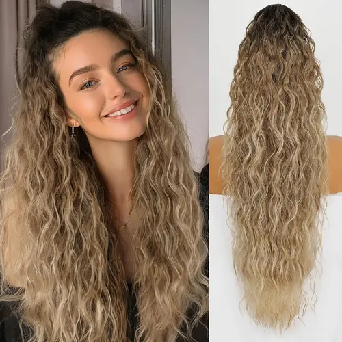 Women's 30-in Claw Ponytail Synthetic Extensions & Pieces - Fluffy Natural-Looking Synthetic Wavy Hair, Ombre Blend Brown Mix Blonde Clip-In Hair Extensions, Fashion Accessory for Ponytail Hairstyles