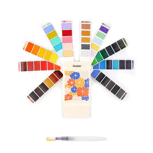 Grabie Foldable Watercolor Paints Set (56 Colors) with Water Brush - Compact Portable Painting Tool, School Supplies Including 10 Metallic, 10 Macaron, 36 Classic Hues, Watercolor Palette, Sliding Panel - Premium Art for Kids Kit, Drawing Supplies Kit