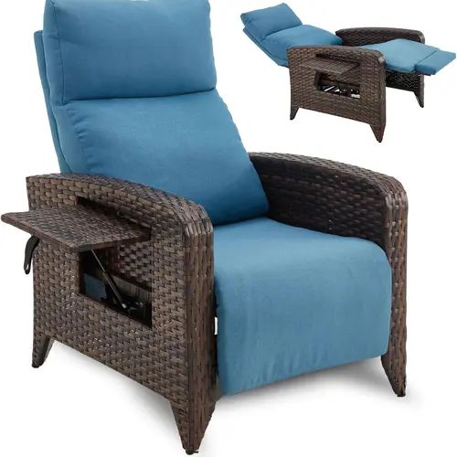 ZZWHOM Cozy Durable Rattan Patio Chair - Indoor Outdoor Recliner with Adjustable Side Table, All-Weather Outdoor Grade Armchair for Garden, Poolside, Patio Rattan Chairs,outdoorfurnitureset,home decor,camping essentials