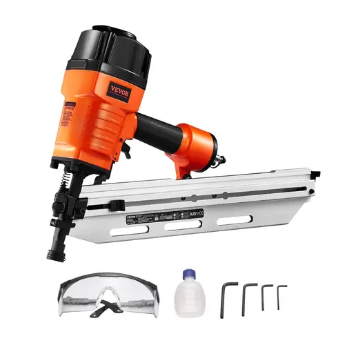 【toolupgrade】VEVOR Pneumatic Framing Nail Gun - 2-3.5 In Aluminum Body Nailer, 21° Full Round Head, 80-120 PSI Pressure, Ergonomic Efficient Magazine, High Compatibility Power Tool for Woodwork, Grip, Efficiency, 60‑Nail Magazine
