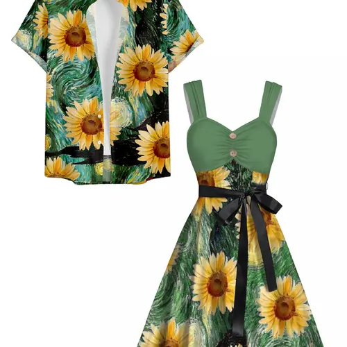 Van Gogh Sunflower Print Women's Sweetheart Neck Mock Button Dress and Men's Button Up Shirt Resort Hawaii Outfit Summer Vacation Couple Set