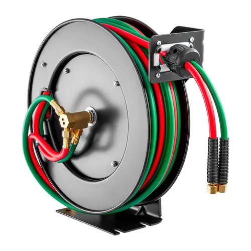 【Summerfinds】VEVOR Retractable Welding Hose Reel 1/4-Inch x 50FT Twin Oxygen Acetylene Rubber Hose Max 300PSI - T/R GradeCeiling/Wall Mount Heavy Duty Steel Hose Reel Auto-RewindIdeal for Workshops Garages