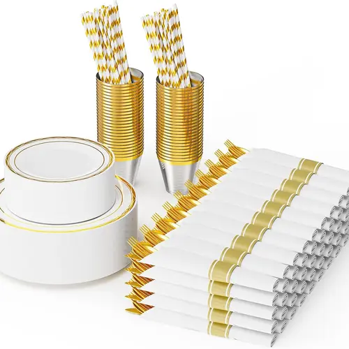 ROVSUN 350/700 Piece Disposable Dinnerware Set for 50/100 Guests, Clear Plastic Plates for Party, 50/100 Pre-Rolled Napkins,Silverware,Dinner & Dessert Plates,Cups,Straws for Wedding Birthday Event,TikTokShopBlackFriday