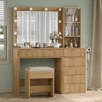 FUSOU 47'' W Fluted Vanity Desk [Shipping By 2 Packages] Makeup Vanity with Power Oultlet, 7 Drawers Vanity with 10 LED Lights and Mirror, 3 Lighting Modes Adjustable, Glass Top, Vanity with Chair for Bedroom, Natural,Deals For You Days