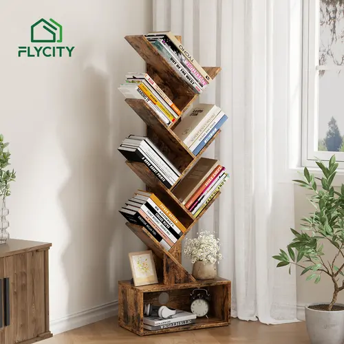 Flycity Bookshelf with Drawer,6 Tiers Tree Bookshelf, Modern Book Storage Organizer,Free Standing Tree Bookcase, Utility Organizer Shelves for Home,Office,Living Room,Bedroom Corner Computer Desk Adjustable Height Desk