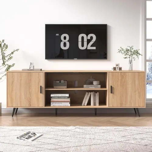 70/80 Inch Mid Century Modern TV Stand for 75 Inch TV, Wood TV Stand with Storage, Entertainment Center for Living Room Bedroom, TV Media Console, Oak/Walnut