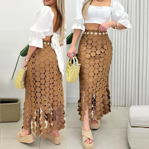 CHICME Women's Hollow-out Boho Tassel Slim Fit Bodycon Wedding Guest Long Wedding Skirt