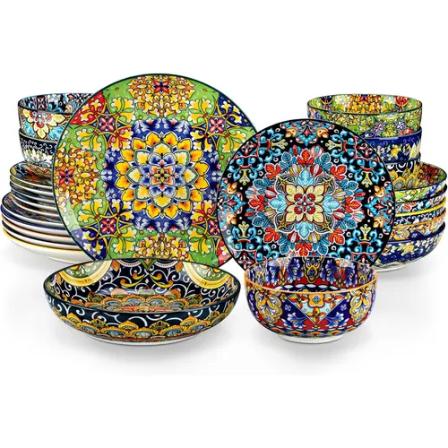 vancasso 24/18/12 Pieces Dinnerware Sets, Plates and Bowls Set, Porcelain Dishes Set for 4/6, Microwave and Dishwasher Safe, Scratch Resistant, Bohemian Style Dining Ware, Series SIMI Tableware