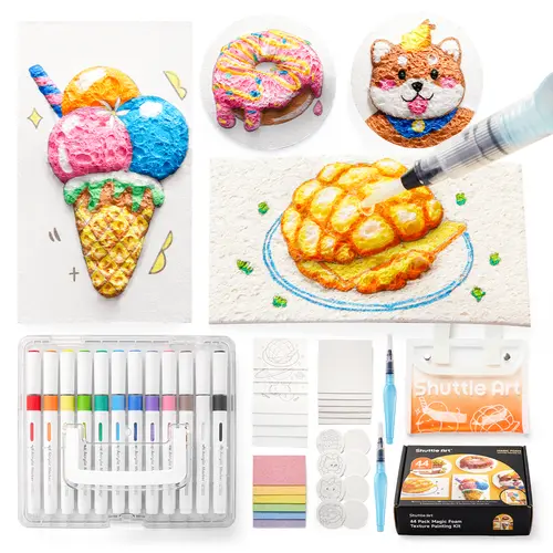Shuttle Art 44 Pcs Magic Foam Texture Painting Kit, Including 28 Pcs Foam Texture Paper, 12 Colors Brush Tip Acrylic Paint Markers, Magical 3D Effect Texture Painting Kit,toy for kids