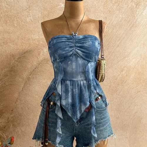 2026 Spring Summer Paisley Print Ruffle Asymmetrical Hem Halter Top Ruched Tie Backless Crop Tops