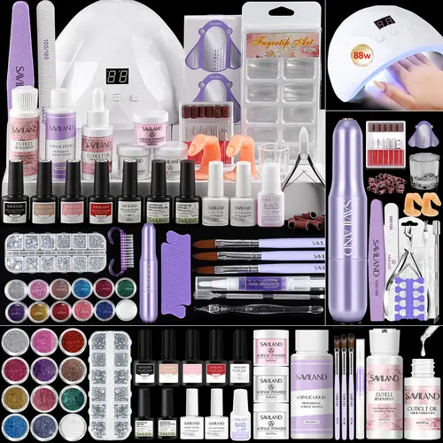 SAVILAND Essentials Acrylic Nail Kit – All-in-1 Set with Lamp EMA Monomer Gel Polish Nail Drill Cuticle Remover for Home DIY Starters