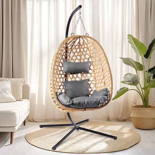 Boho Style Patio Swings with Stand- 350lbs Weight Capacity, Single Hanging Egg Chair with Cushions, Hammock Swing Chair  for Bedroom, Balcony, Garden summerwins