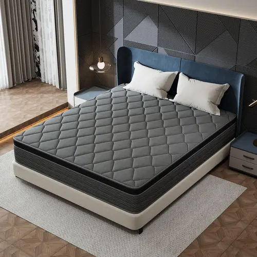 12-Inch Hybrid Mattress in Twin/Full/Queen/King Sizes, Featuring Individually Pocketed Springs and Gel Memory Foam Hybrid Construction, Medium Firm Feel, Ergonomic Design, and Enhanced Edge Support; Modern Minimalist Bedroom Style with a Black Appearance.