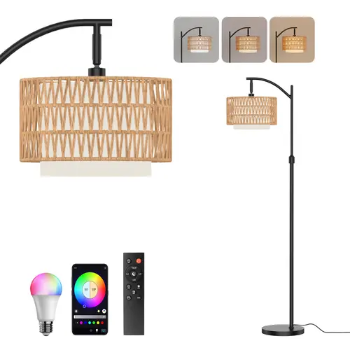 DEMILARE Bohemian Cast Iron Curved Pole Floor Lamp - 3 Color Temperatures, Stepless Dimmer, RGB, Remote & Foot Switch, 360° Rotation Aims Light Where Needed, Modern Mood Lighting for Living Room Design & Decor, Adjustable LED for Home Makeover