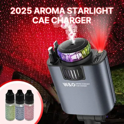 W&O 5-in-1 Starlight/Aroma Retractable Collapsible Car Charger - Fast Charge Adapter with LED Light, Lightning Cable, Dual Ports, Aroma Feature, 3 Scent 3*15ml Bottles, Multiple Fragrances Compatibility
