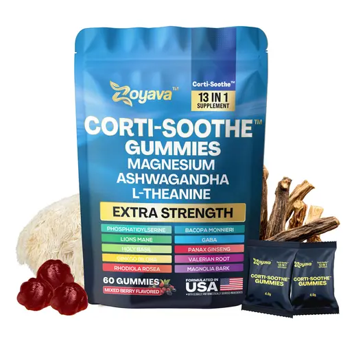 Zoyava Corti-Soothe Gummies - Mixed Berry Flavored All-in-One Cortisol Supplement with Magnesium, L-Theanine, Lions Mane & 10+ Extra Strength Ingredients, 60 Edible Gummies