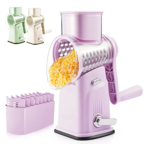 KitExpert Next-Gen Purple 5-in-1 Rotary Cheese Shredder - Larger Size, Faster, 5-Blade Rotary Grater, Mandoline Slicer, Vegetable Chopper, ABS Plastic, Bigger Bottom Suction Cup, Kitchen Gadget, Busy Weeknight Utensil, Pink Mother's Day Gift