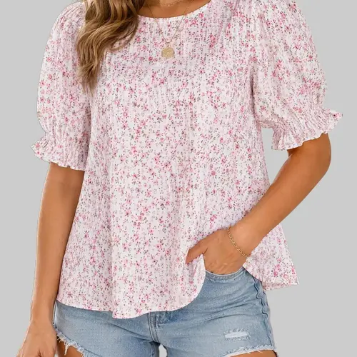 ZEAGOO Women's Cute Floral Print Crew Neck Smocked Puff Short Sleeve Soft Fabric Dressy Casual Top - Shirts for Spring, Trendy Blouses, Spring Fashion