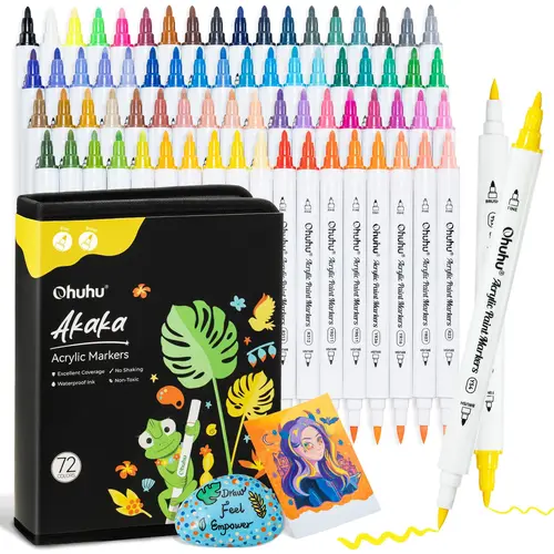 Ohuhu Acrylic Paint Markers: Brush & Fine Dual Tips - 72 Colors / 120 Colors - Paint Pens High Opacity Acrylic Markers Waterproof Lightfast for Christmas Gifts Rock Painting 3D Prints Egg Wood Glass Ceramic DIY Crafts - Akaka Series of Ohuhuart
