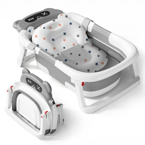 BabyBond Compact Collapsible Baby Bathtub Set - 10.5cm Foldable, Real-Time Temp Monitor, Showerhead Holder, Cutie Cushion, Non-Slip, PP+TPE, for 0-2 Years Infants, Small Baths