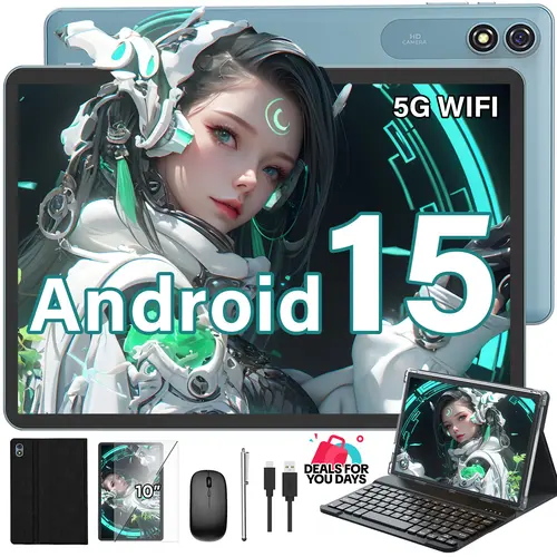 【DealsForYouDays&FathersDayGift】2026 PYNAREL 10.1 inch Android 15 Tablet, 2.4G/5G WiFi, 2 in 1 Tablet with keyboard, Case, Mouse, Stylus, Protective Cover, Back-to-school Gifts&Father's Day Gift Bundle summerwins