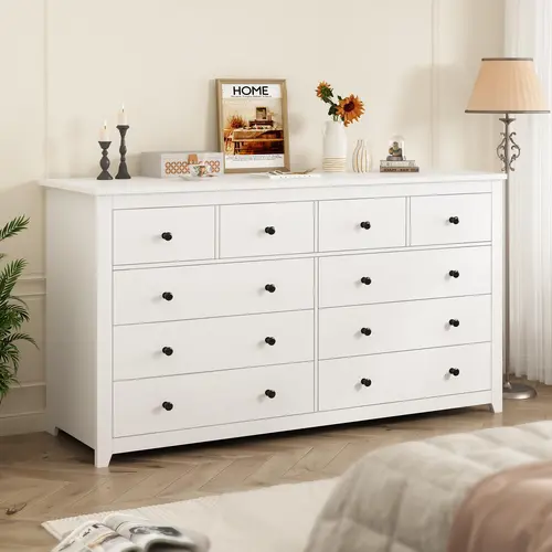 【2 Package Shipping & 24H Online Help】Raybee Furniture 10 Wood Drawers Dresser, Smooth Metal Rail & Chests of Drawers for Hallway & Bedroom Storage Organizer