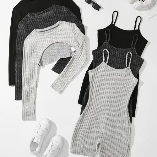 Women's Solid Ribbed Crop Top & Romper Set, Casual Basic Fashion Minimalist Cozy Top & Romper for Daily Outdoor Wear, Ladies Clothes for All Seasons, Fitted, Fitted Sleeveless Romper, Knit Romper, Womenswear, Knitted Romper, Fitted Rompers