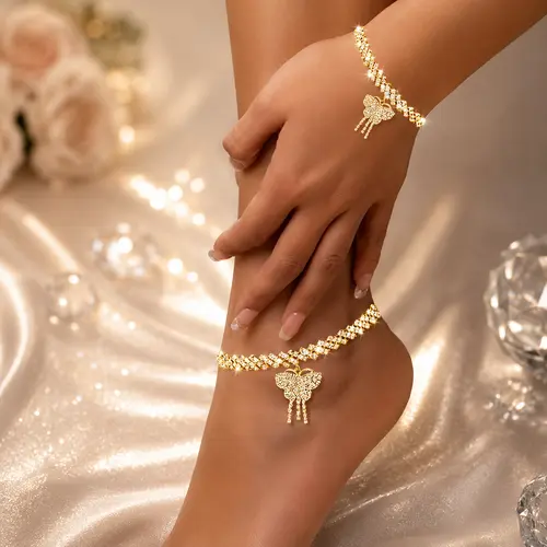 Women's 2-Piece Elegant Jewelry Set - Exquisite Butterfly Charm Claw Chain Anklet, Metal Coating Bow Bracelet with Moissanite for Female Wedding, Engagement Party (summerwins)