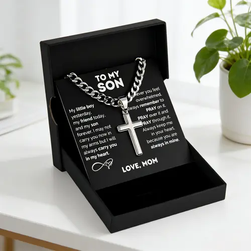 summerwins Jewelry Elegant Geometric Metal Coating Stainless Steel "To My Son" Cross Pendant Necklace - 1pc Mom Gift with Card & Gift Pack, Personalized Costume Fashion Accessory