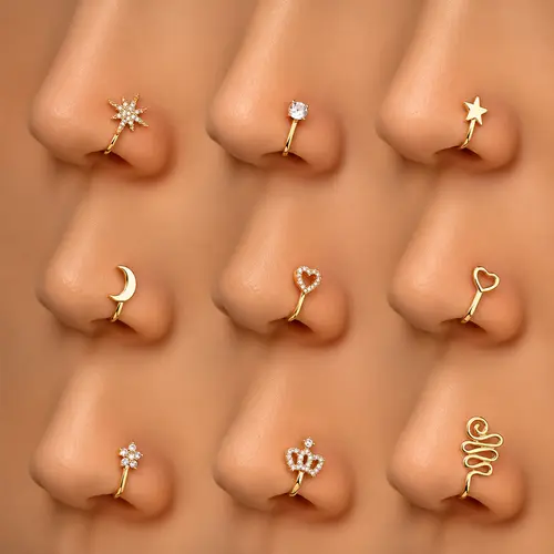 9 Pcs Female Non-Piercing Copper Fake Piercings - U-Shape, Star, Love, Crown, Letter Designs with Rhinestones, Fashion Body Jewelry Nose Clips, Zirconia Hoop Nose Rings, 9-pc Style Mix Costume Accessory