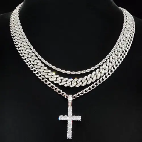 Street Style Artificial Zircon Inlaid Iced Out Cross Pendant & Cuban Link Design Chain Necklace, Costume Jewelry Necklace, Fashion Jewelry for Party, Daily Clothing Decor, Trendy All-match & Exquisite Jewelry for Birthday Gift, Zircon Stones Necklace