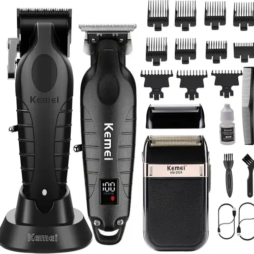 KEMEI Rechargeable Wireless Hair Clippers for Men - Professional Male Grooming Set with 0-Gap Trimmer, LED Display, 11 Guide Combs, Brush for Haircut, Mens Gifts, Rechargeable Hair Clippers