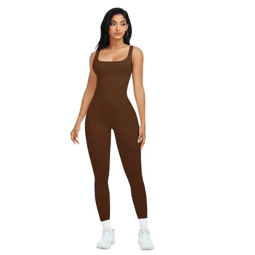 Women's Body-Hugging Full-Length Sporty Comfy Jumpsuit - Sleeveless Square Neck Ribbed Workout Gear, Female Yoga Gym Tank Top Leggings Unitard