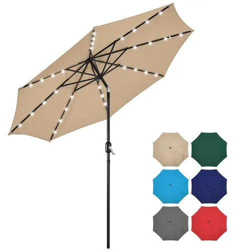 Yaheetech 9/10ft Solar Patio Umbrella, Outdoor Large Market Table Umbrella  Double-layer Cloth, Push-button Tilting, Outdoor Umbrellas, Outside Umbrellas, Patio Parasol Umbrella, Polyester