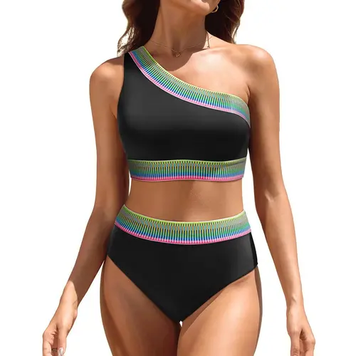 Tempt Me Women High Waisted Bikini Set - One Shoulder Two Piece Swimsuits Color Block Bathing Suits with Swimwear Bottom