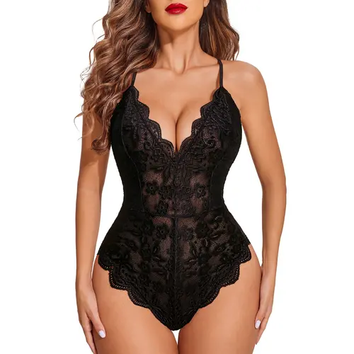 Avidlove Women One Piece Lingerie Deep V  Lace Bodysuit Snap Crotch